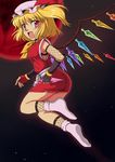  adapted_costume ass blonde_hair commentary_request fang fishnets flandre_scarlet flx flying full_moon gauntlets hat highres kunai moon night ninja red_eyes red_moon short_hair side_ponytail sky socks solo touhou weapon white_legwear wings 