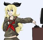  4chan blonde_hair blue_eyes bow computer face grin hair_bow imageboard_colors kowai_tsuriko long_hair midriff monitor mouse_(computer) original pas_(paxiti) school_uniform serafuku simple_background smile solo the_great_troll-sama troll-tan troll_face white_background 