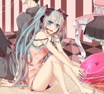  aqua_eyes aqua_hair back-to-back barefoot bow checkered checkered_floor cushion hair_bow hatsune_miku headset highres jewelry legs long_hair nail_polish open_mouth ring shimatani_(ayumei) sitting solo strap_slip twintails very_long_hair vocaloid 