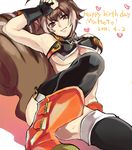  animal_ears armpits aya_(min412) bad_id bad_pixiv_id bare_shoulders birthday blazblue breasts brown_hair character_name fingerless_gloves gloves happy_birthday highres large_breasts makoto_nanaya red_eyes short_hair sitting solo squirrel_ears squirrel_tail sweat tail thighhighs underboob 