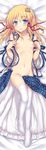  blonde_hair blue_eyes blush cosplay dakimakura flat_chest groin highres hiraga_matsuri kochiya_sanae kochiya_sanae_(cosplay) looking_at_viewer moriya_suwako navel nipples no_panties open_clothes open_skirt ribbon skirt solo thighhighs touhou untied white_legwear 