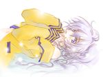  blush ema_(earth-b) full_metal_panic! jacket long_sleeves looking_at_viewer lying on_back silver_hair simple_background solo teletha_testarossa track_jacket white_background 