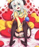 :d alternate_hairstyle aqua_eyes black_legwear covering covering_crotch green_eyes hat heart heart_pillow highres komeiji_koishi long_hair open_mouth pillow ryou_(pixiv779953) silver_hair sitting smile solo thighhighs touhou v_arms 