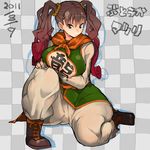  breasts brown_eyes brown_hair cameltoe cosplay dragon_quest dragon_quest_iii fighter_(dq3) fighter_(dq3)_(cosplay) large_breasts matsuri_(teriyaki) multicolored_hair original plump solo teriyaki thick_thighs thighs twintails two-tone_hair wide_hips 