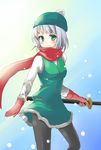  beanie black_legwear blush gloves green_eyes hat highres katana konpaku_youmu pantyhose scarf shimamura_youmu silver_hair snow solo sword touhou vest weapon yukiya_(shiya) 