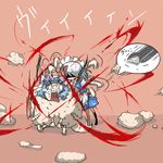  2girls bat_wings blood blue_hair braid cutting electric_razor hat horns izayoi_sakuya maid maid_headdress mochinabe multiple_girls open_mouth pink_background remilia_scarlet short_hair silver_hair sitting speech_bubble spoken_object tears touhou translation_request wings wool 