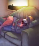  blonde_hair boxers canine clothed clothing couple cuddle cuddling cute duo eyes_closed female fur grey grey_fur hair hug love lying male mammal markings pillow pink_fur red sofa straight sunset thewhitefalcon towel towl underwear wolf 