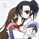  2girls black_hair blush brown_eyes brown_hair cosplay hug japanese_clothes jewelry kannazuki_no_miko konoe_konoka long_hair lowres mahou_sensei_negima mahou_sensei_negima! miko multiple_girls parody ponytail sakurazaki_setsuna short_hair side_ponytail yuri 