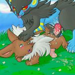  anal anal_penetration cum eevee from_behind gay grass green_eyes luxray male penetration penis pok&eacute;mon red_eyes saliva 