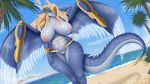 2019 anthro big_breasts blonde_hair blush breasts dragon feathered_dragon feathered_wings feathers female hair harnny horn konami nipples nude pussy saffira_queen_of_dragons smile solo wings yu-gi-oh 