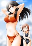  armpits arms_up black_hair breast_envy brown_hair fukiyose_seiri long_hair misaka_mikoto multiple_girls navel one-piece_swimsuit open_mouth shirai_kuroko short_hair silhouette_demon sumeragi_tomo swimsuit thigh_gap to_aru_kagaku_no_railgun to_aru_majutsu_no_index 