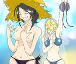  2girls bikini black_hair blush breasts demon&#039;s_souls demon's_souls female from_software hat long_hair masash-k99 mask mephistopheles midriff multiple_girls nipples ponytail silver_hair souls_(from_software) straw_hat sweatdrop swimsuit topless yellow_eyes yuria_the_witch 