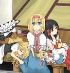  alice_margatroid black_hair blonde_hair blue_eyes bow braid closed_eyes cup detached_sleeves hair_bow hakurei_reimu hat highres kirisame_marisa long_hair multiple_girls shanghai_doll short_hair sleeping sleeping_upright tatami touhou veranda witch_hat yunomi yuri yuuta_(monochrome) 