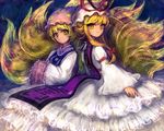  bad_id bad_pixiv_id blonde_hair dress fox_tail hair_up hands_in_opposite_sleeves hat kogiso long_hair looking_at_viewer multiple_girls multiple_tails short_hair tail touhou yakumo_ran yakumo_yukari yellow_eyes 