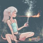  barefoot blonde_hair blowing breathing_fire closed_eyes copyright_request denim denim_shorts feet fire fireworks flame lowres midriff monster_girl pointy_ears ponytail shorts sitting soles solo sparkler spread_legs tail tank_top ymr 