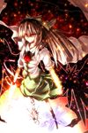  alternate_weapon arm_cannon atom black_hair bow brown_hair cape dress hair_bow highres kazetto long_hair red_eyes reiuji_utsuho solo third_eye touhou weapon wings 