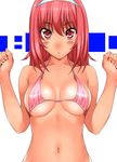  :o arms_up bad_id bad_pixiv_id bikini_top blush breasts covered_nipples fingernails hairband hands highres kamia_(not_found) kasuga_aya looking_at_viewer medium_breasts navel original pink_eyes pink_hair shiny shiny_skin short_hair solo strap_gap string_bikini swimsuit underboob upper_body 