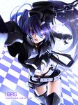  bad_id bad_pixiv_id belt black_rock_shooter boots burning_eye checkered checkered_floor english fang highres insane_black_rock_shooter long_hair loose_belt navel poaro purple_eyes purple_hair scar shorts solo thigh_boots thighhighs very_long_hair 