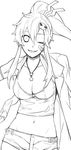  bad_id bad_pixiv_id bandaid breasts cleavage formalin greyscale groin hair_ornament jewelry large_breasts midriff monochrome navel necklace one_eye_closed ponytail solo tengen_toppa_gurren_lagann yoko_littner 