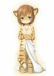  blanket blue_eyes blush breasts brown brown_hair cat chest_tuft claws covering_self feline female hair ka looking_at_viewer pose short_hair sleepy small_breasts solo standing tail tiger 