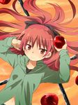  apple blush food fruit holding holding_food holding_fruit hood hoodie long_hair lying mahou_shoujo_madoka_magica mochizuki_yomogi navel on_back ponytail red_eyes red_hair sakura_kyouko smile solo upper_body 