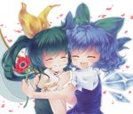  blue_dress blue_hair blush bow cherry_blossoms cirno closed_eyes daiyousei dress flower green_hair hair_bow hug iris_anemone multiple_girls open_mouth side_ponytail smile touhou upper_body wings 