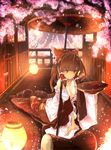  alcohol bare_shoulders bow brown_hair cherry_blossoms collarbone cup flat_chest hair_bow hair_tubes hakurei_reimu highres japanese_clothes jewelry lantern muso-comet necklace no_bra off_shoulder open_clothes oriental_umbrella paper_lantern pearl_necklace petals ponytail sakazuki sake smile solo touhou umbrella 