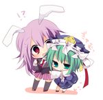  2girls animal_ears blush bunny_ears chibi green_eyes green_hair hat lowres multiple_girls open_mouth pink_hair red_eyes reisen_udongein_inaba ribbon shiki_eiki thighhighs touhou translated yukimiya_(parupunta) 