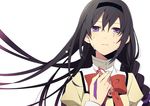  akemi_homura bad_id bad_pixiv_id black_hair bow braid glasses hairband holding holding_eyewear long_hair mahou_shoujo_madoka_magica mitakihara_school_uniform purple_eyes red-framed_eyewear school_uniform solo spoilers tears yuzumame 