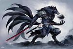  armor asuka111 canine fox grin hakama joseph&uuml;s kitsune male mask multiple_tails rope_belt samurai scabbard shadow_kitsune solo sword tail tattoo torn_clothing weapon white_eyes yuudai_kage_isamu 