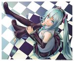  aqua_eyes aqua_hair bad_id bad_pixiv_id bare_shoulders blue_eyes blue_hair boots checkered checkered_floor detached_sleeves from_above hatsune_miku headset kibanda_gohan light_smile long_hair looking_up necktie sitting skirt solo thigh_boots thighhighs twintails very_long_hair vocaloid 