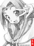  :d circlet code_geass gofu greyscale long_hair monochrome open_mouth smile solo spot_color sumeragi_kaguya traditional_media v_over_eye 