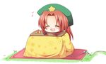  blush closed_eyes food fruit hat hong_meiling kotatsu long_hair mandarin_orange open_mouth red_hair smile solo table touhou yukimiya_(parupunta) 