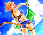  animal_ears ass blue_eyes breasts final_fantasy final_fantasy_xi looking_back midriff mithra one_eye_closed orange_hair shorts sideboob skindentation small_breasts solo swimsuit tachibana_chata tail 