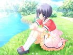  :o aizawa_tobari alcot_(company) bangs black_hair blush bob_cut bow cross-laced_footwear day fairchild frilled_skirt frills game_cg grass lake legs_together light_rays long_skirt nimura_yuuji open_mouth outdoors puffy_sleeves red_ribbon ribbon school_uniform serafuku shoes short_hair short_sleeves sitting skirt socks solo sunbeam sunlight water 