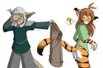  ? basitin blush bottomless brown_hair butt clothing covering_eyes feline female flora_(twokinds) hair helmet keidran keith_(twokinds) keith_keiser long_brown_hair long_hair male mammal pantless pants plain_background tail tiger tom_fischbach twokinds white_background yellow_eyes 
