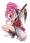  baiken breasts cleavage guchico guilty_gear highres japanese_clothes kataginu katana large_breasts long_hair one-eyed one_knee pink_hair ponytail red_eyes scar scar_across_eye scrunchie sheath solo sword tattoo thighs toeless_legwear unsheathing weapon 