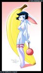  2006 black_hair blue_eyes breasts cherry clubstripes daria_mcgrain female food fruit giant_fruit hair lagomorph pussy rabbit short_black_hair short_hair solo standing tail thigh_highs tongue white 