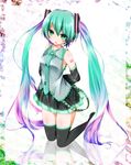  aqua_eyes aqua_hair arms_behind_back bad_id bad_pixiv_id blush detached_sleeves hatsune_miku highres kneeling kyohei long_hair multicolored_hair necktie skirt solo thighhighs twintails very_long_hair vocaloid 