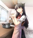  ^_^ apron artist_request blush brown_hair closed_eyes cooking fate/stay_night fate_(series) hair_ribbon ribbon sleeves_rolled_up solo spoon toosaka_rin two_side_up 