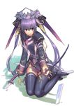  black_legwear broken crown cuboon full_body highres japanese_clothes kneeling long_hair purple_eyes purple_hair sangokushi_taisen serious solo sword thighhighs touhaku twintails weapon 