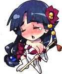  blush body_blush breasts chibi cleavage closed_eyes criminal_girls flower hair_ornament ichihaya large_breasts long_hair long_sleeves official_art open_mouth simple_background solo striped tears thighhighs tomoe_(criminal_girls) weapon 