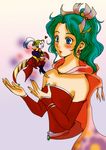  1boy 1girl blonde_hair blue_eyes blush cape cefca_palazzo detached_sleeves earrings face_paint facepaint feather feathers female final_fantasy final_fantasy_vi green_hair jewelry long_hair male nobu_(artist) ponytail ribbon short_hair tina_branford 