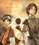  black_eyes black_hair blue_eyes brown_hair character_name crossover engrish from_behind hairband horns ico ico_(character) morisuke multiple_boys ranguage red_hair shadow_of_the_colossus tabard the_boy_(the_last_guardian) the_last_guardian wander 