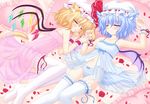  animal_ears babydoll bad_id bad_pixiv_id blonde_hair blue_hair blush cat_ears cat_tail chemise closed_eyes dog_ears dog_tail flandre_scarlet flower garters hat hat_ribbon heart heart_pillow kemonomimi_mode light_smile lying multiple_girls navel on_back on_side panties petals pillow red_flower red_rose remilia_scarlet ribbon rose rose_petals see-through shimotsuki_keisuke siblings sisters sleeping tail thighhighs touhou underwear underwear_only white_legwear wings wrist_cuffs 