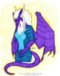  breasts clothing dragon ear_piercing ears hair herm horns intersex jewelry majora minora piercing purple scalie solo tail wings 