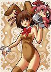  absurdres animal_ears brown_eyes brown_hair bunny_ears bunnysuit chibi daiba_minato eiyuu_(eiyuu04) goblet highres marriage_royale multiple_girls shinjou_otoha short_hair thighhighs tray wrist_cuffs 