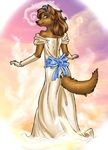  2004 anthony_sarkasuo anthro bowmanswolf brown_hair canine crown dress female florence_ambrose freefall hair looking_at_viewer looking_back mammal necklace pearl_necklace ribbons solo wolf 