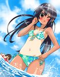  :&lt; akira_(umihan) bikini black_hair blush brown_eyes dutch_angle highres hirasawa_yui k-on! long_hair multiple_girls nakano_azusa one-piece_tan one_eye_closed side-tie_bikini swimsuit tan tanline twintails 