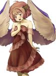  alternate_costume animal_ears bad_id bad_pixiv_id bare_shoulders collarbone dress fingernails hand_on_own_chest large_wings long_fingernails music mystia_lorelei nise_nanatsura no_hat no_headwear open_mouth pink_hair short_hair simple_background singing solo touhou wings 